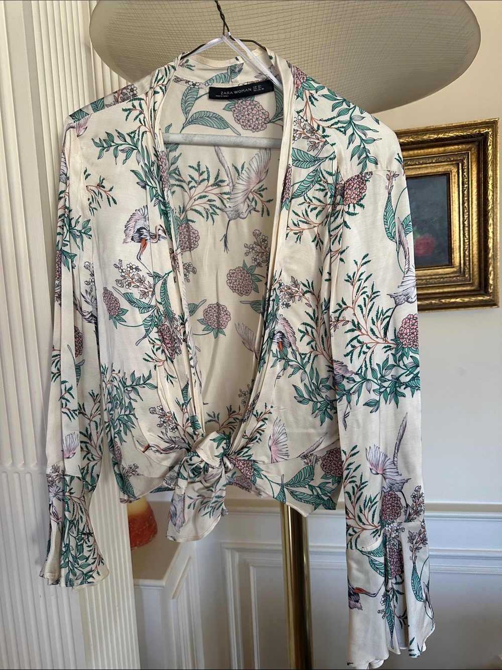 Zara Woman Floral Tie-Front Top — Cream with Green & Pink Print